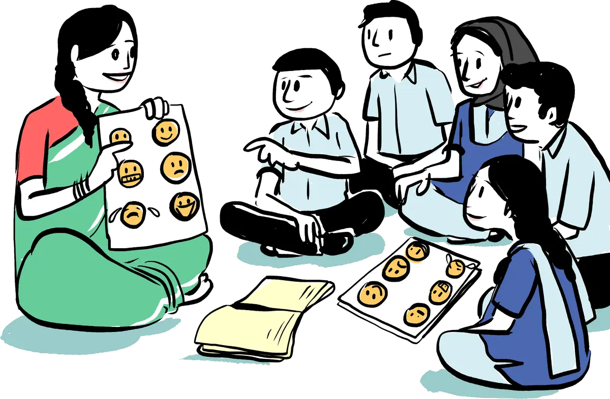 Illustration: a facilitator uses emotion cards with a circle of schoolchildren